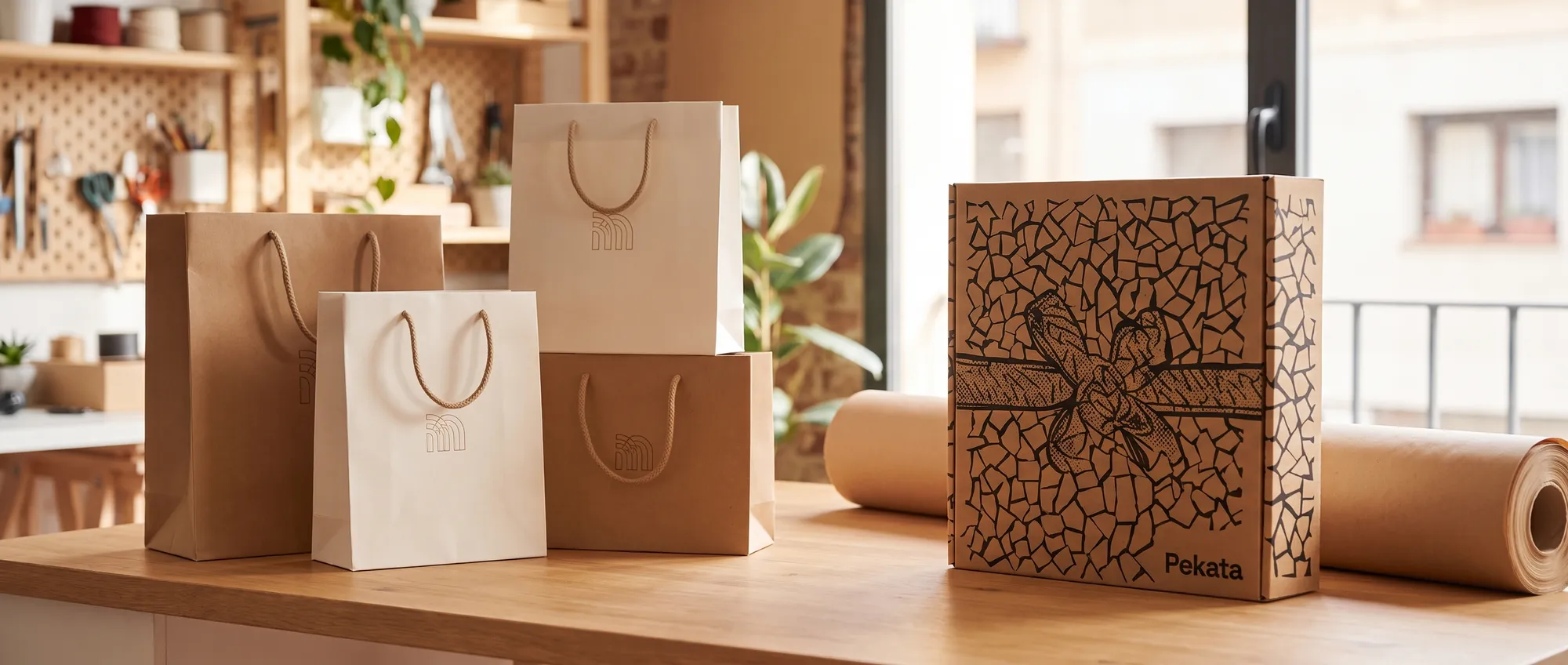 Custom kraft paper bags with rope handles printed with a company logo