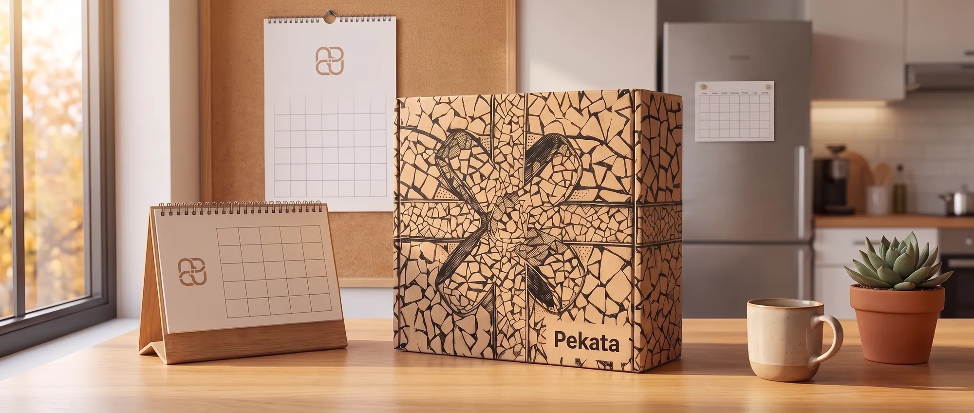 Desk calendar and wall calendar with a company logo on a desk, next to a Pekata box and a magnetic calendar on a fridge door