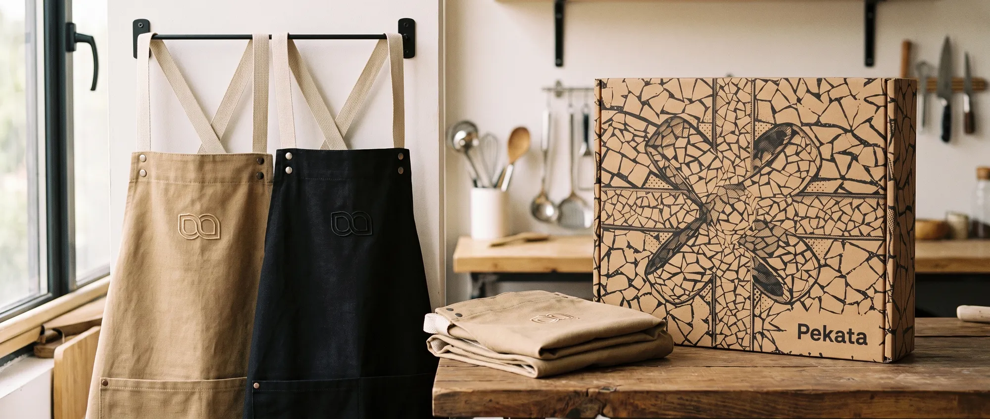 Cotton canvas bib apron with a company logo embroidered on the chest