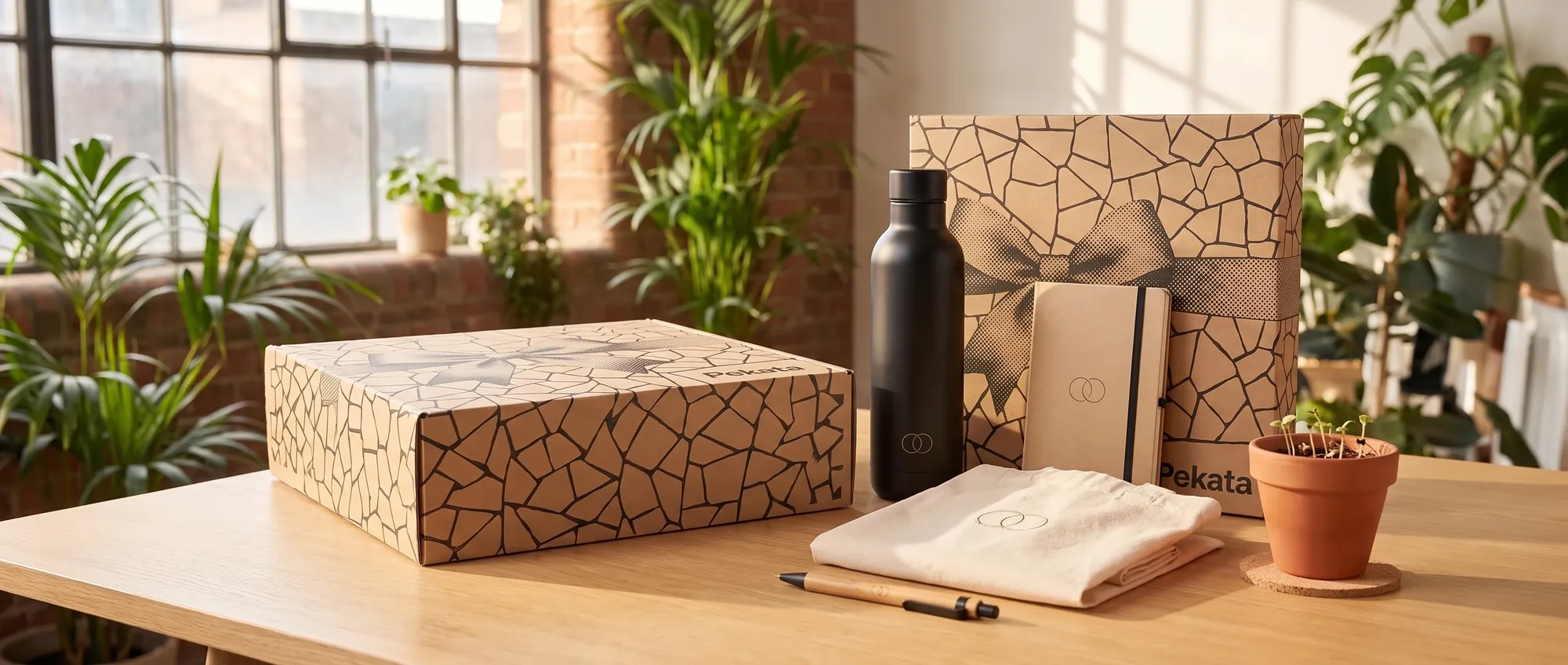 Nachhaltige Werbeartikel mit demselben Logo (Stahlflasche, Recycling-Notizbuch, Tote Bag aus Bio-Baumwolle, Bambuskugelschreiber und Pflanztopf mit Samen) neben einer Pekata-Box