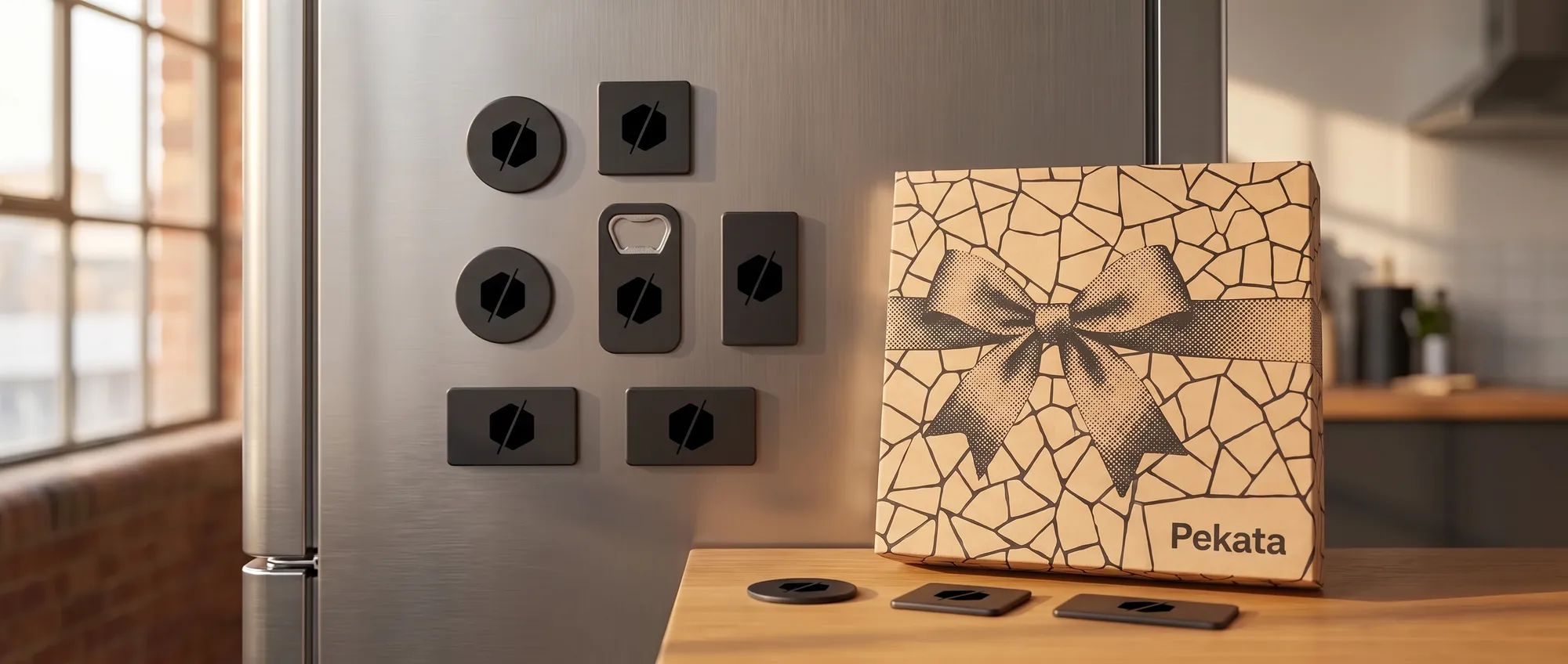Bedruckte Magnete aus flexiblem Vinyl und Holz mit dem Logo eines Unternehmens
