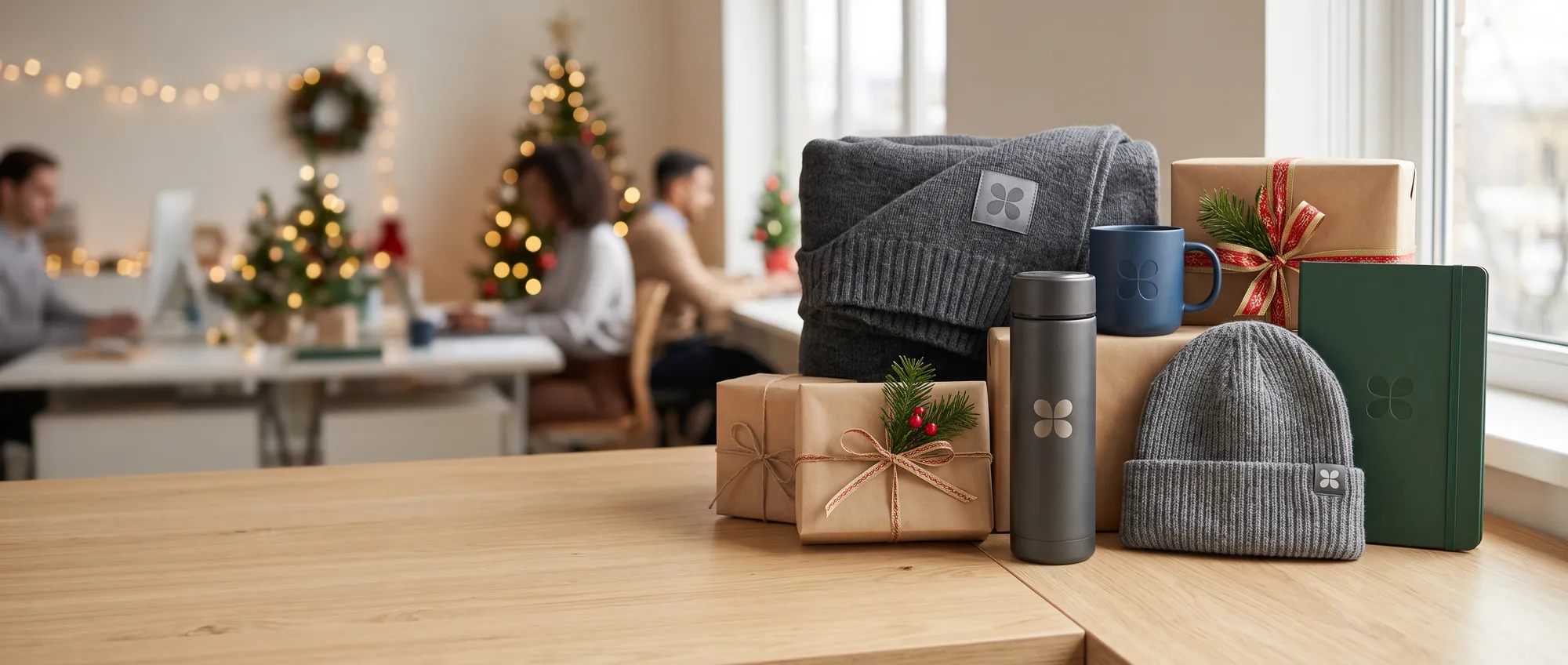 Schreibtisch mit weihnachtlichen Firmengeschenken mit Logo (Decke, Tasse, Thermobecher, Strickmütze und Notizbuch) neben Geschenkpapier