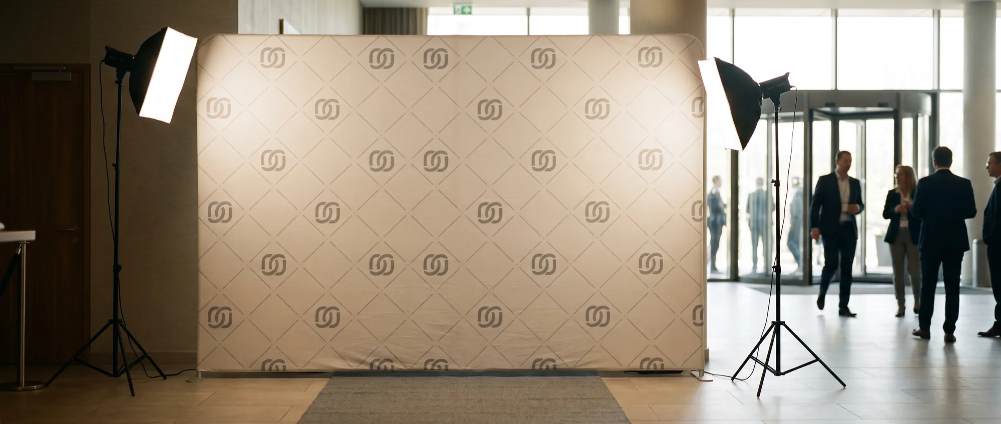 3 Meter breite Pressewand aus Spannstoff mit einem Firmenlogo im Kachelmuster, aufgebaut am Eingang eines Corporate Events