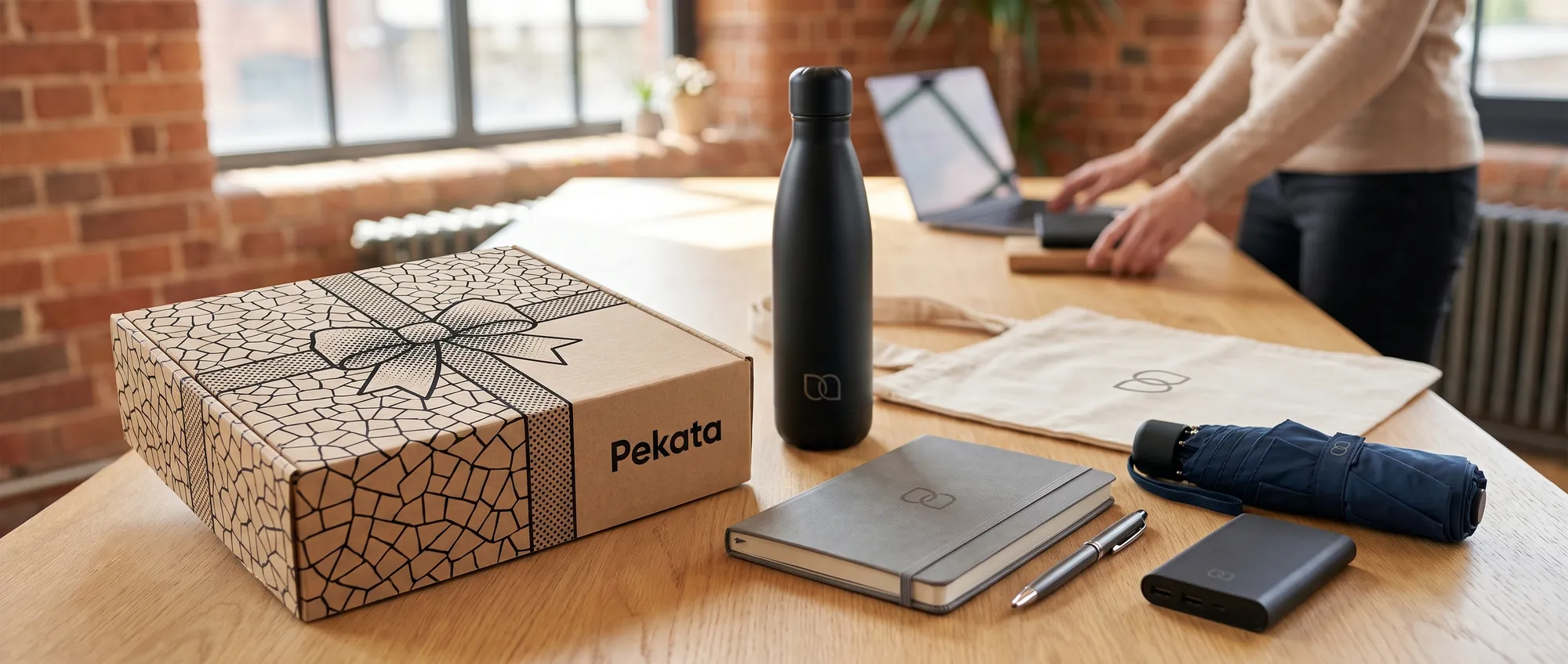 Selection of promotional gifts with the same logo on a marketing table beside a Pekata box
