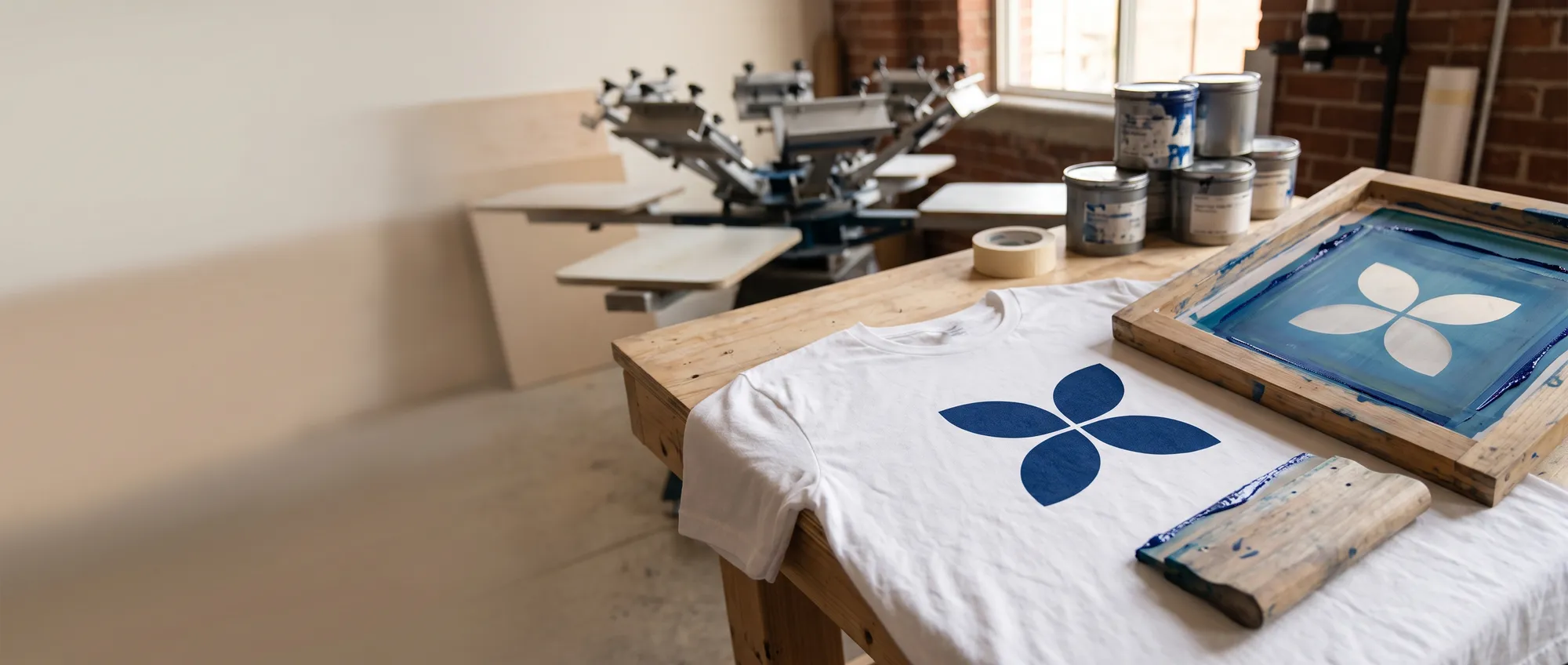 Siebdrucksieb und Rakel auf einem T-Shirt mit frisch gedrucktem Logo