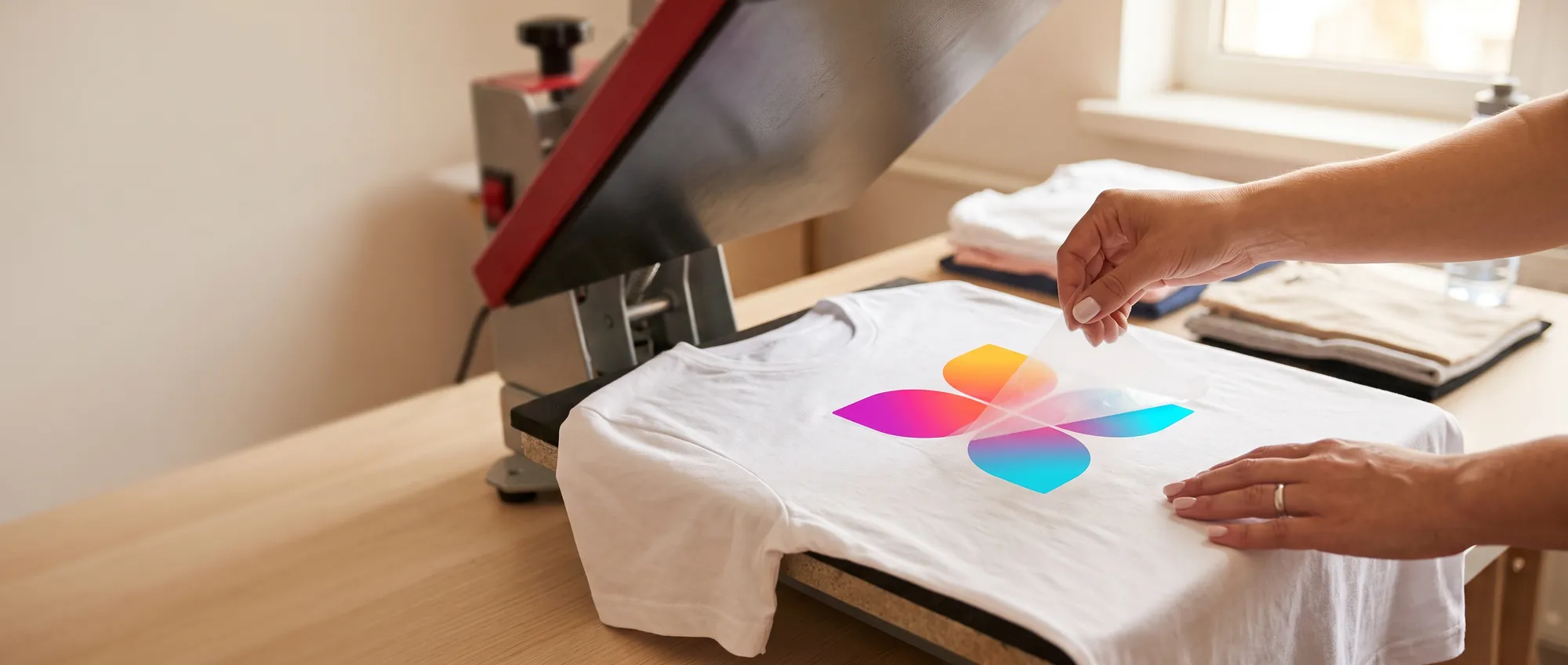 T-Shirt mit einem vollfarbigen Logo mit Verläufen, aufgebracht per DTF-Transfer