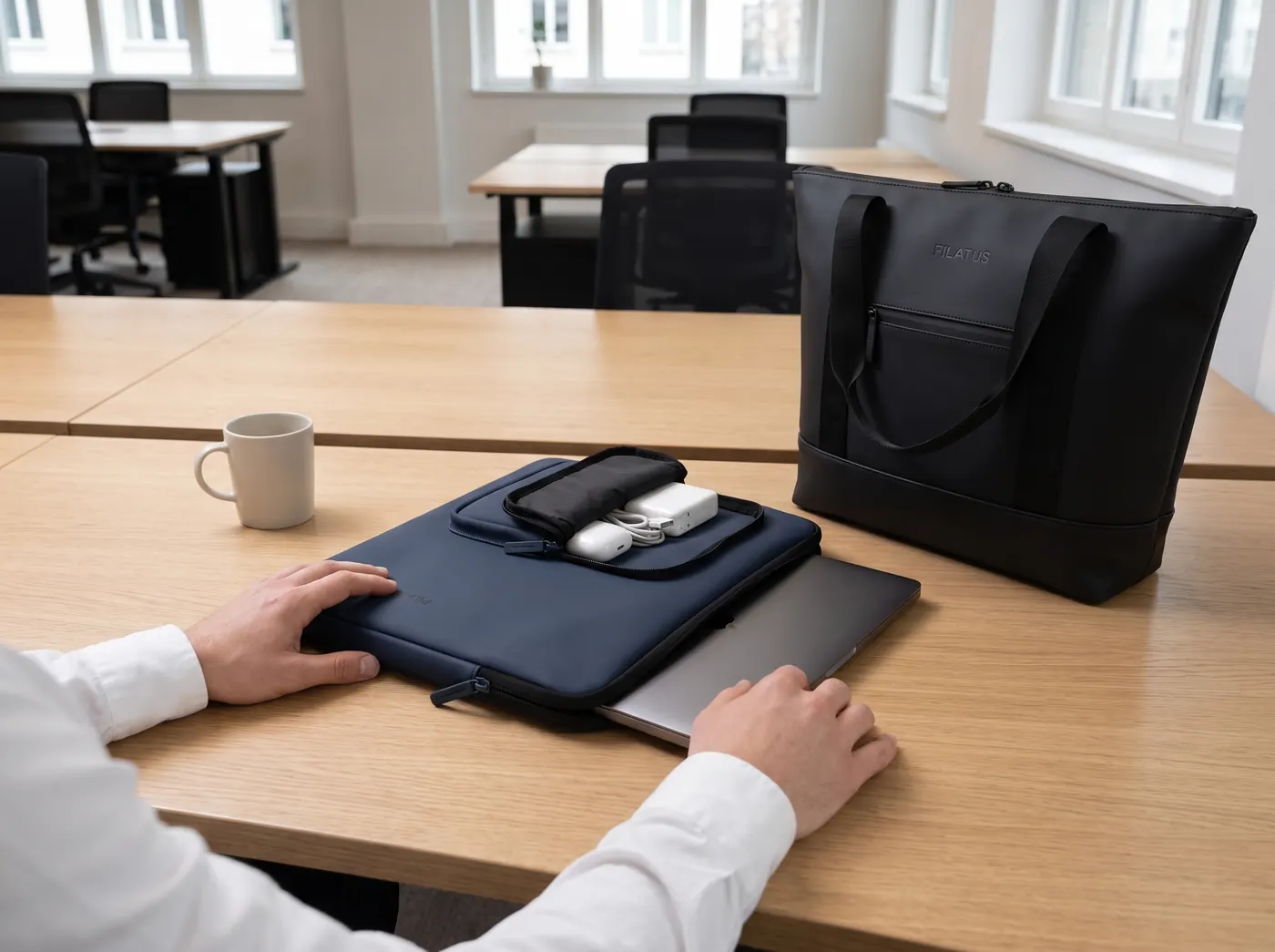 Navy blue Pilatus laptop sleeve and black tote bag on an office table