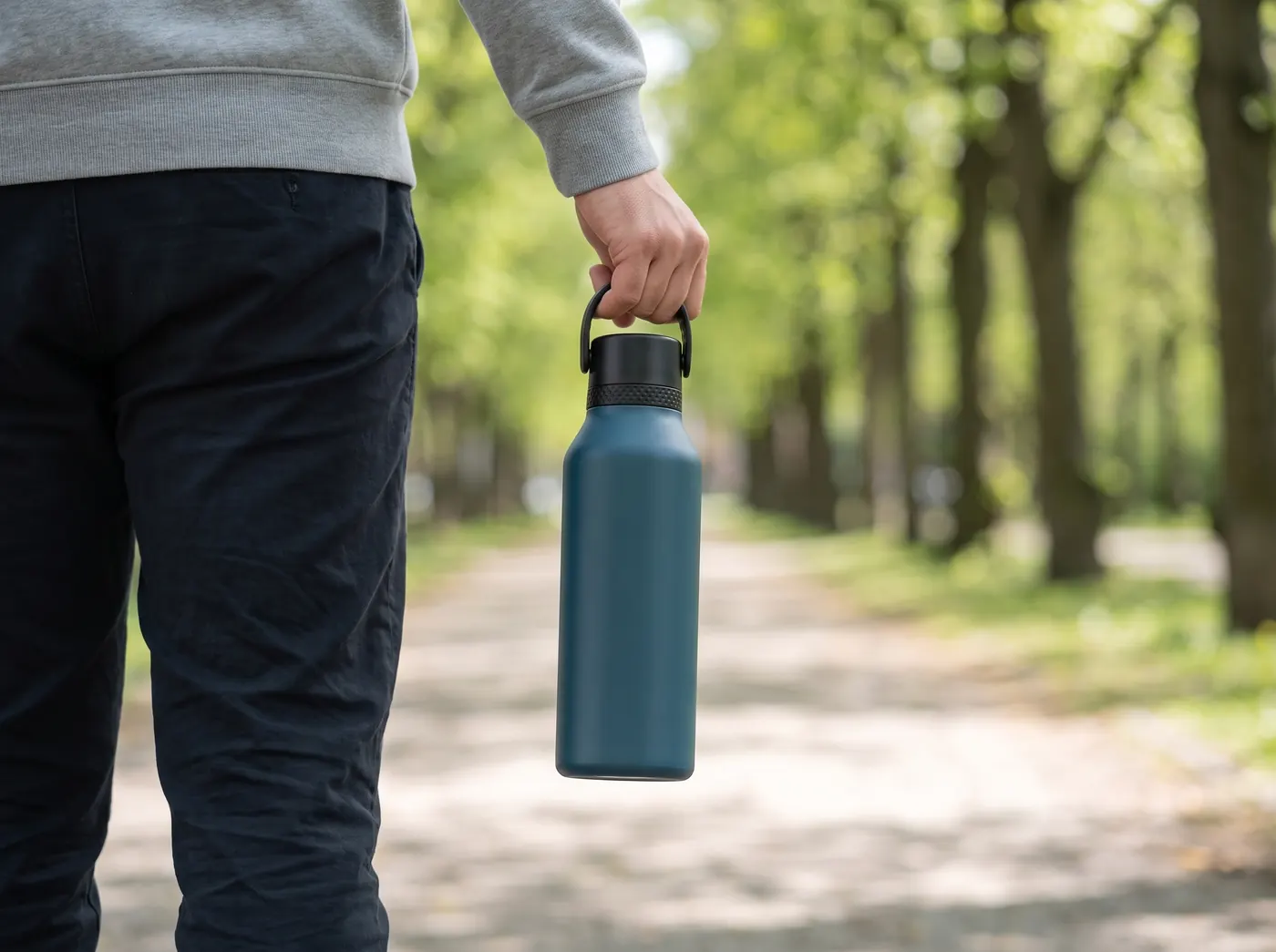 Eine Person spaziert durch einen Park mit einer blauen Runbott-Thermoflasche in der Hand