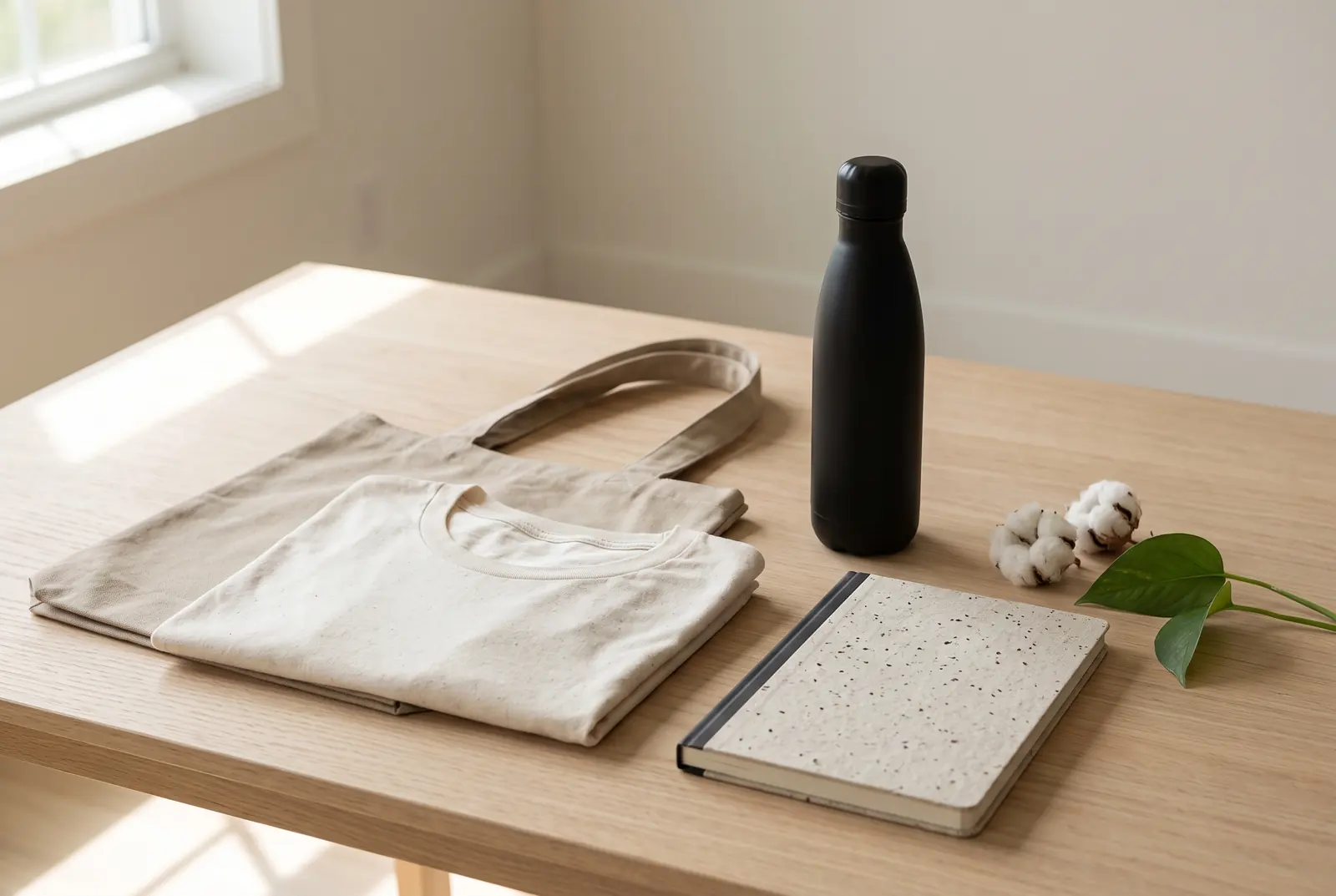 Camiseta de algodón orgánico, tote de lona y botella de acero reciclado