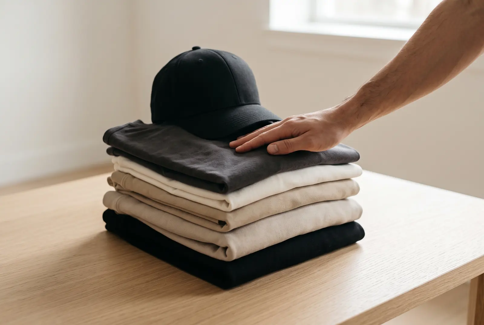 Pila de camisetas y sudaderas dobladas en tonos neutros
